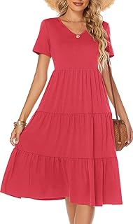 Women's Casual Summer Tiered Midi Dress 2025 Short Sleeve V-Neck Loose Cotton Ruffle Babydoll Dress Boho Sundress - Buy now