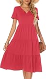 Women's Casual Summer Tiered Midi Dress 2025 Short Sleeve V-Neck Loose Cotton Ruffle Babydoll Dress Boho Sundress