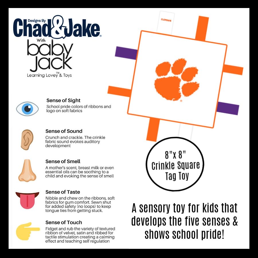 Image of The Learning Lovey Clemson University Baby Tag Toy - College Baby Sensory Crinkle Toys - Soft & Safe - Ideal Baby Stroller Toy - BPA Free w /Stroller Clip (8 inch x 8 inch Tag Toy)