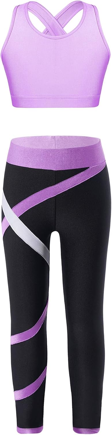 Kids Girls 2pcs Gymnastics Outfits Sports Bra Crop Tank Tops with Athletic Leggings Set Sportwear