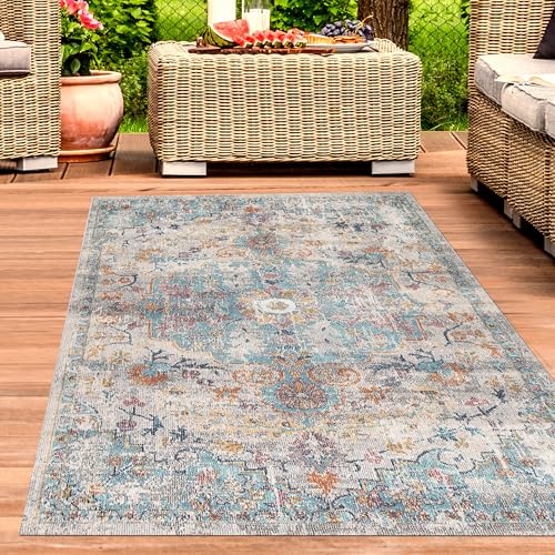 CARPETIA Alfombra de Exterior Oriental con Adornos, Alfombra de salón, Estilo Vintage, Color Gris y Azul, tamaño 160 x 230 cm