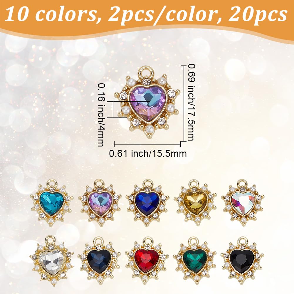 DELORIGIN 20Pcs 10 Color Zirconia Crystal Pendants Heart Rhinestone Charms Golden Alloy Hanging Pendants with Pearl Decoration for Valentine's Day Jewellery Making DIY Necklace Earring Bracelet - Image 2