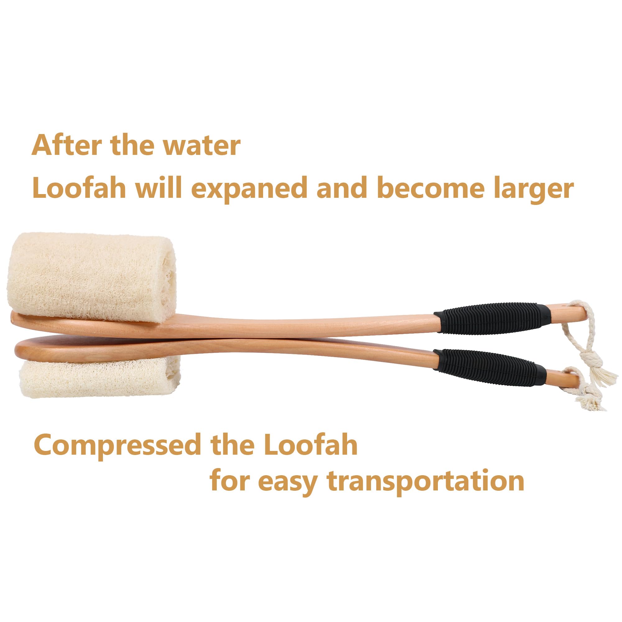 OWIIZI Brosse à récurer en luffa pour le dos avec long manche - Éponge de bain en luffa pour le corps - Exfoliant naturel sur bâton pour homme et femme