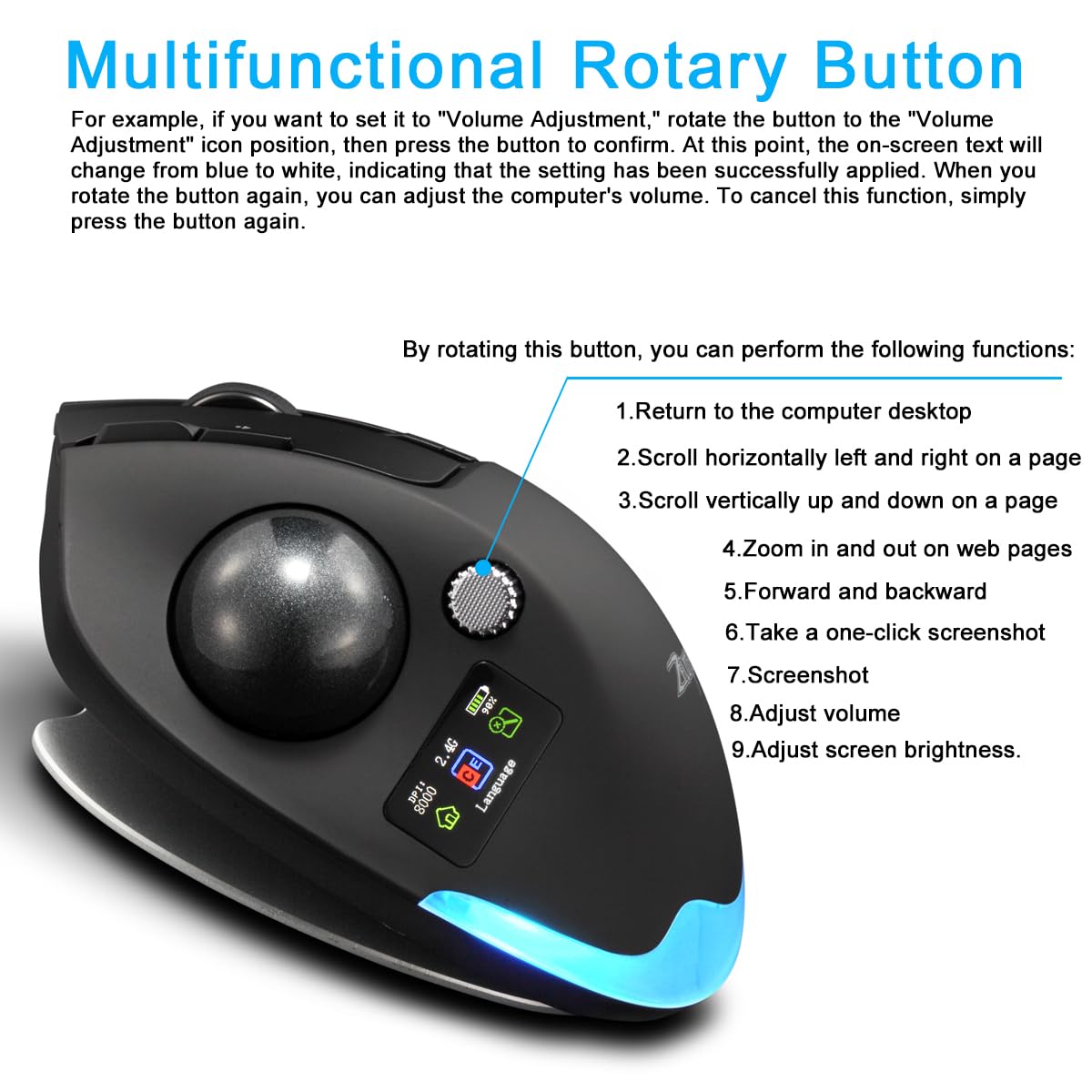 zelotes Kabellose Trackball Maus mit Display,Bluetooth,4800DPI,9 Tasten,Daumenbedienung,Wiederaufladbar, Ergonomische Design,Maus Kabellos Funkmaus für Laptop,PC,Tablets