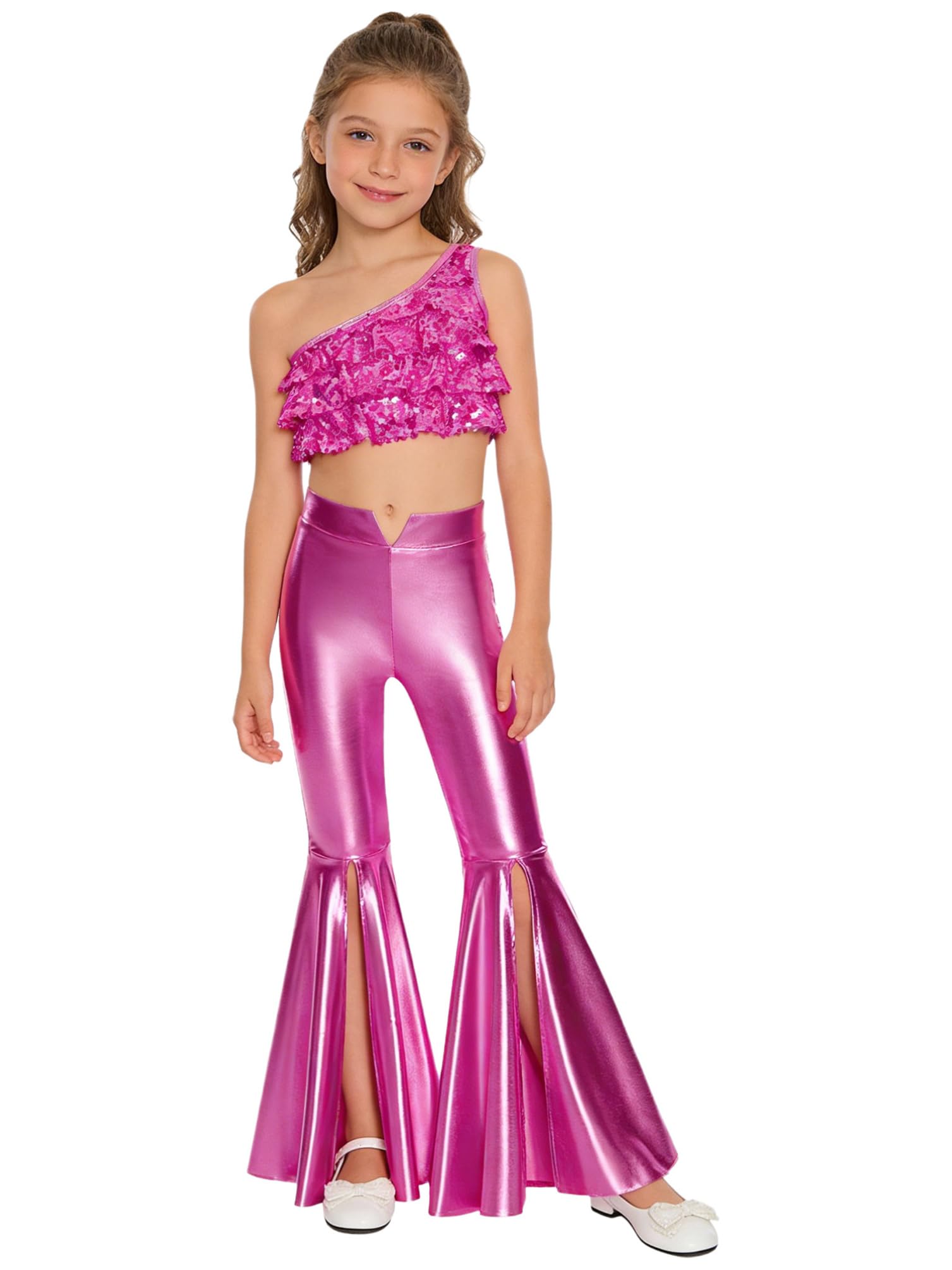inhzoy Completo Sportivo da Ballo Latino Tango Bambina con Paillettes Tuta da Ginnastica Danza Moderna Jazz Hip Hop Crop Top Canotta Monospalla + Pantaloni Leggings Rosa caldo 7-8 anni