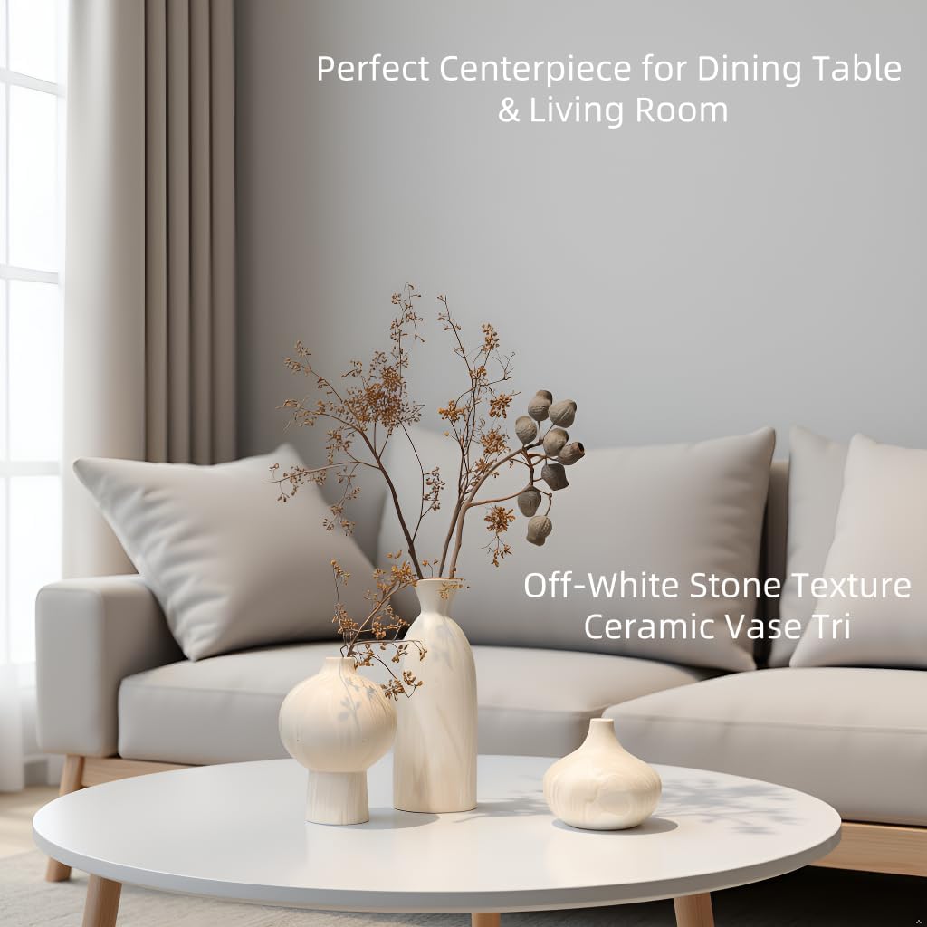 White Ceramic Vase Set of 3 in Beige, Modern Aesthetic Stone-Look Textured Pottery Vases for Shelf & Bookshelf Home Decor, Neutral Minimalist Decorative Vases for Flowers & Pampas Grass - Image 8