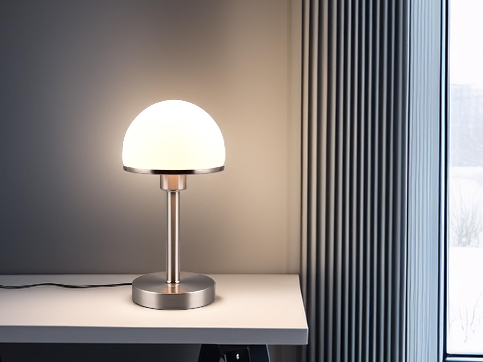 meineWunschleuchte Tischleuchte mit Glasschirm Weiß matt & Fuß in Silber matt - per Touch dimmbar, Höhe 39cm