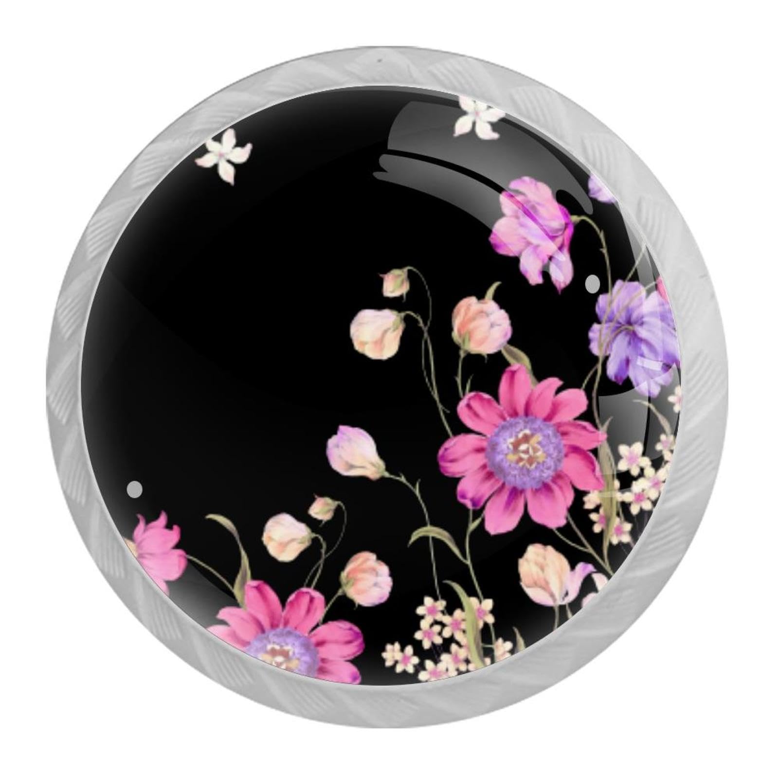 Tqmspg 4 Pieces Drawer Pulls Watercolor Flowers Door Knobs Dresser Handles for Kitchen Wardrobe Cupboard Hardware Furniture