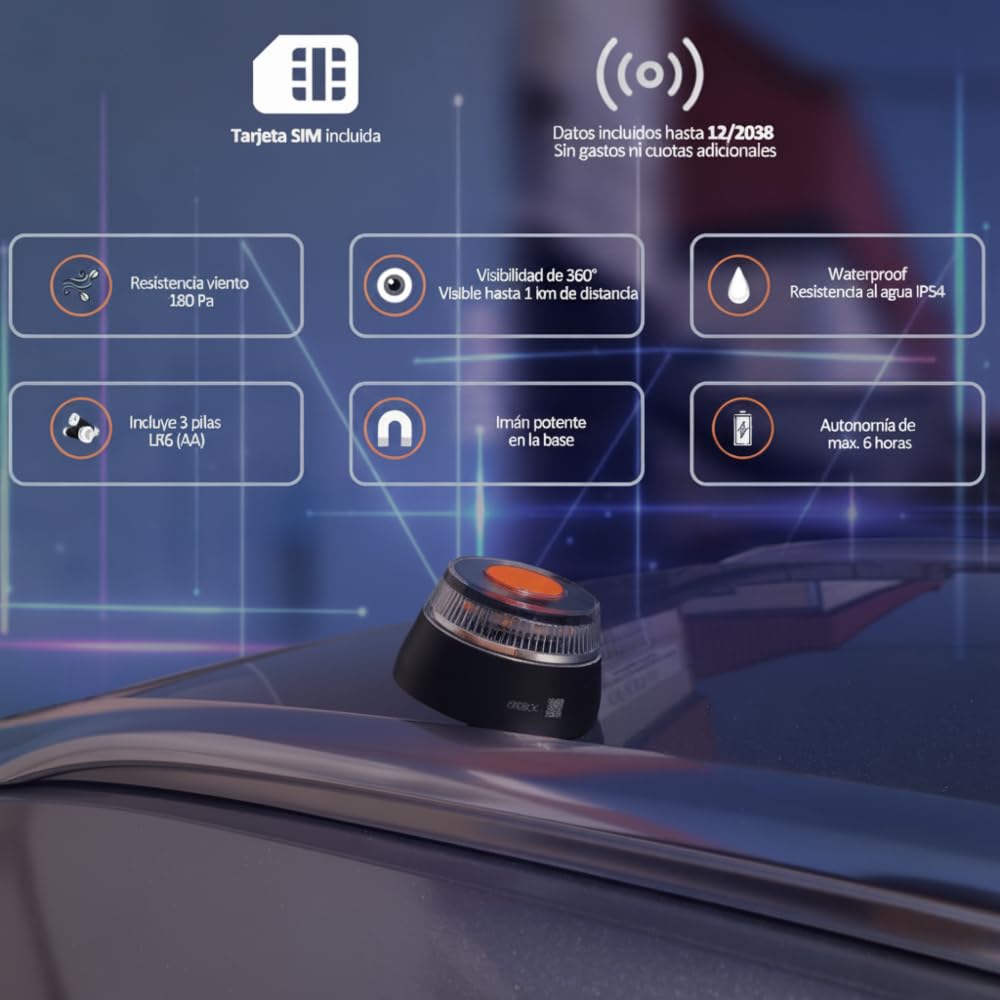 EBOX Luz Emergencia V16 Geolocalizada V16loT. Homologada DGT con Geolocalización, Baliza Coche Conectada DGT 3.0, Datos Incluidos hasta 12/2038,