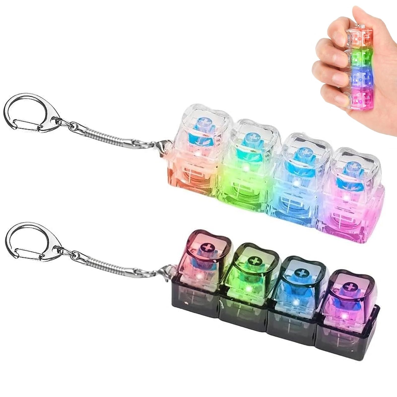 2Pcs Light Up Keyboard Fidget Toy, 4-Button Heart Keycap LED Clicker Fidget Keyboard – Transparent Black & White Keychain Stress Relief Toy, All Ages
