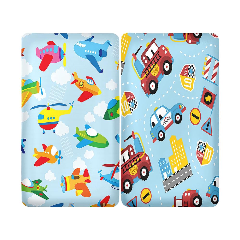 Hiseng 2pcs Microfiber Crib Sheets, Cot Bed Sheets with Cartoon Pattern Cot Fitted Sheets Bassinet Mattress, Soft and Comfortable Toddler Bed Sheets for Boys, Girls (Airplane and car,70x140cm)