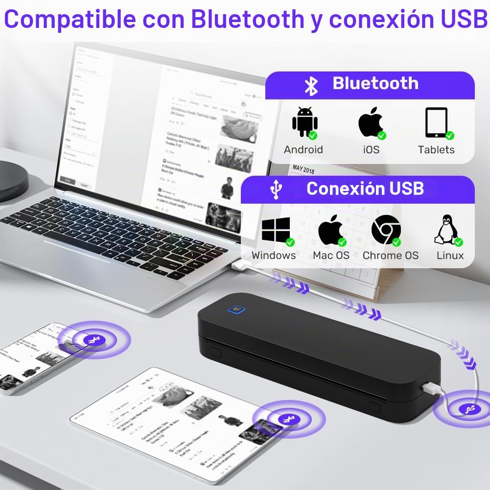 OFFCUP Impresora Térmica Portátil A4 con Bluetooth, Compatible con Phone, Wireless para Rollo de Papel Térmico
