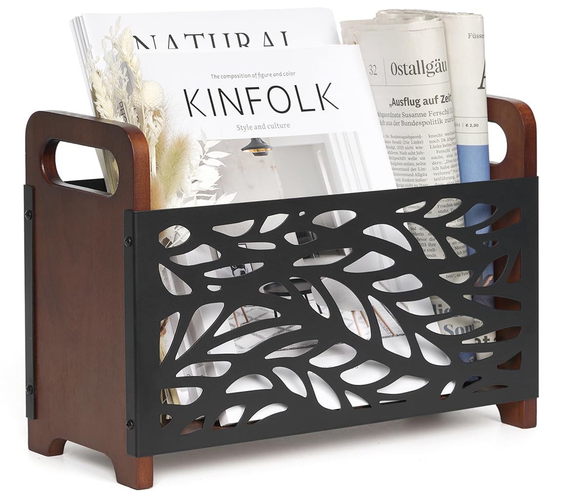 QILICHZ Magazine Holder,Wood Magazine Rack,Rustic Magazine File Holder,Magazine Storage Basket,Magazine Rack Floor,Farmhouse Magazine Organizer for Magazines,Books,Newspapers