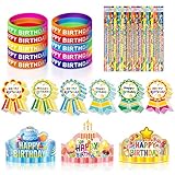 120 Pcs Happy Birthday Crowns/Rubber Bracelets/ Stickers/ Pencils #2 Gifts for Kindergarten Kids Students- Party Hats/It's My Birthday Sticker/Silicone Stretch Wristband for Party School Teacher