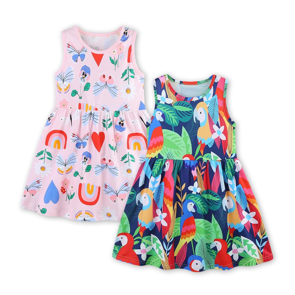 YANGLYN Toddler Girl's Cotton Dresses Short Sleeve Dress Sets for Kids Girls Cartoon Casual Summer Dress 2 Pack Parrot Butterfly 3T