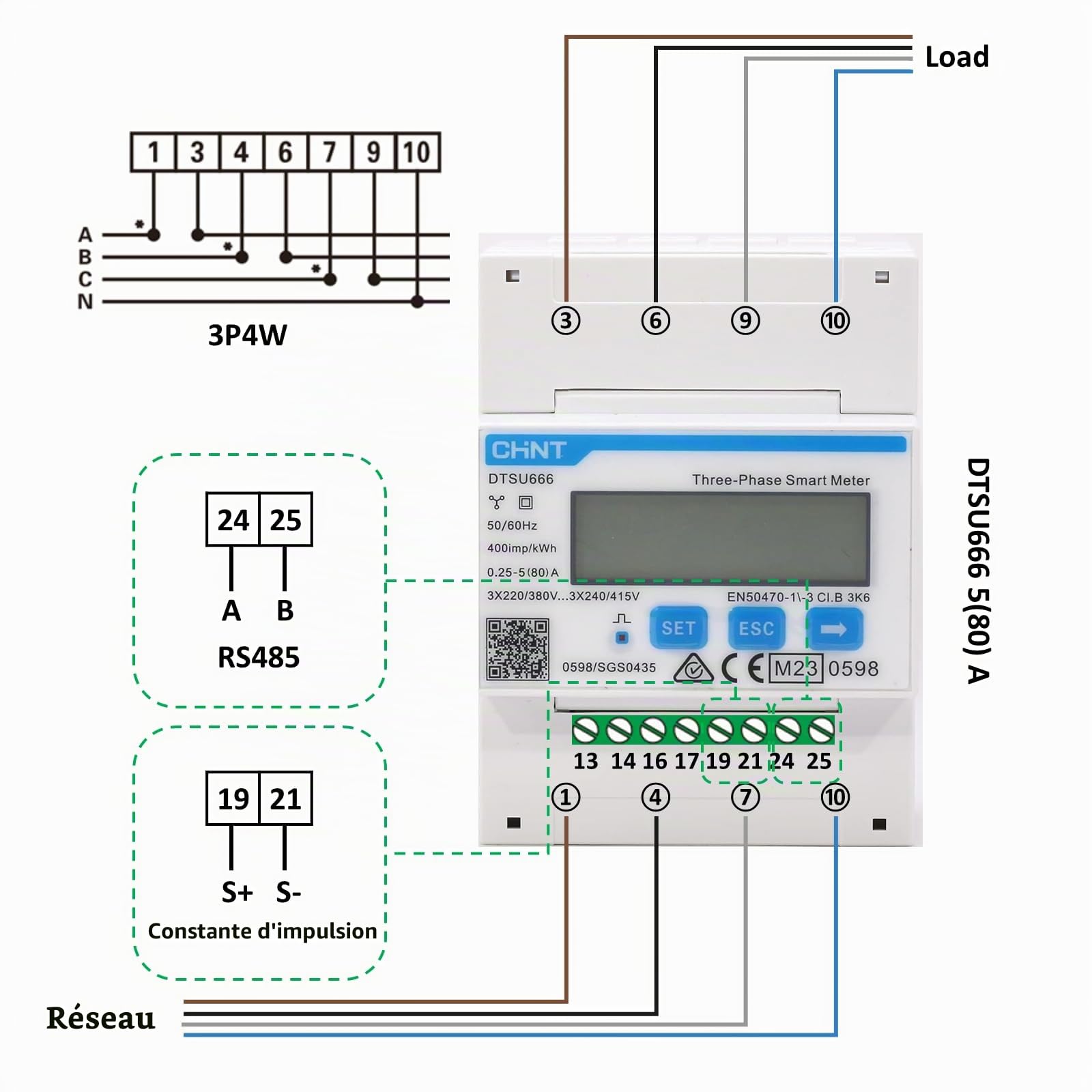 CHINT DTSU666 Compteur d'énergie électronique intelligent triphasé DIN35mm Compteur électrique 5(80) A connexion directe avec interface RS485, conforme à Modbus RTU, certificat MID