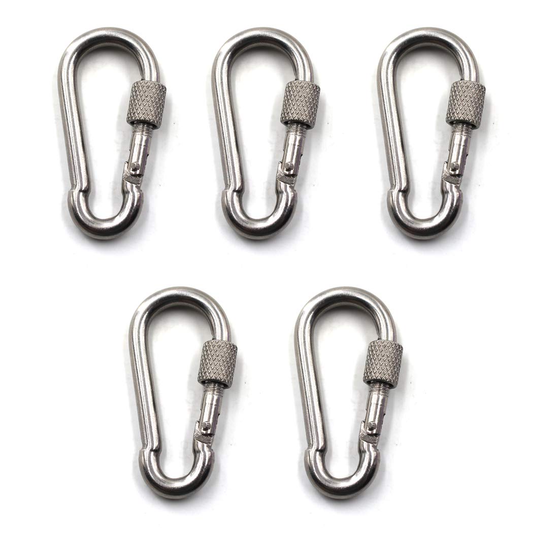 Flomore M8 Locking Carabiner Climbing Keychain 304 Stainless Steel Spring Snap Hook Clip Hook Pack of 5
