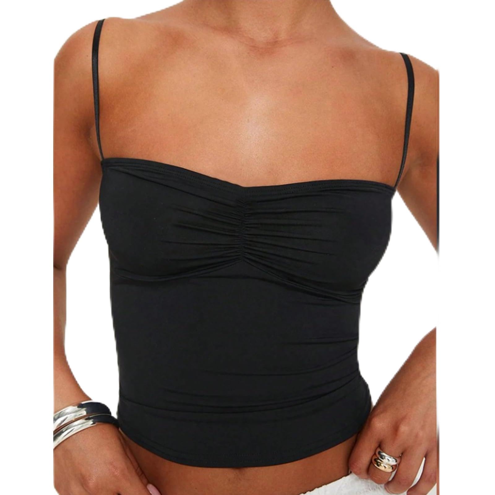 Gissroys Unisex Black Trendy Women's Spaghetti Straps Sleeveless Tanks Top Sleeveless Cropped Bralette Everyday Casual Wear For Clubwear