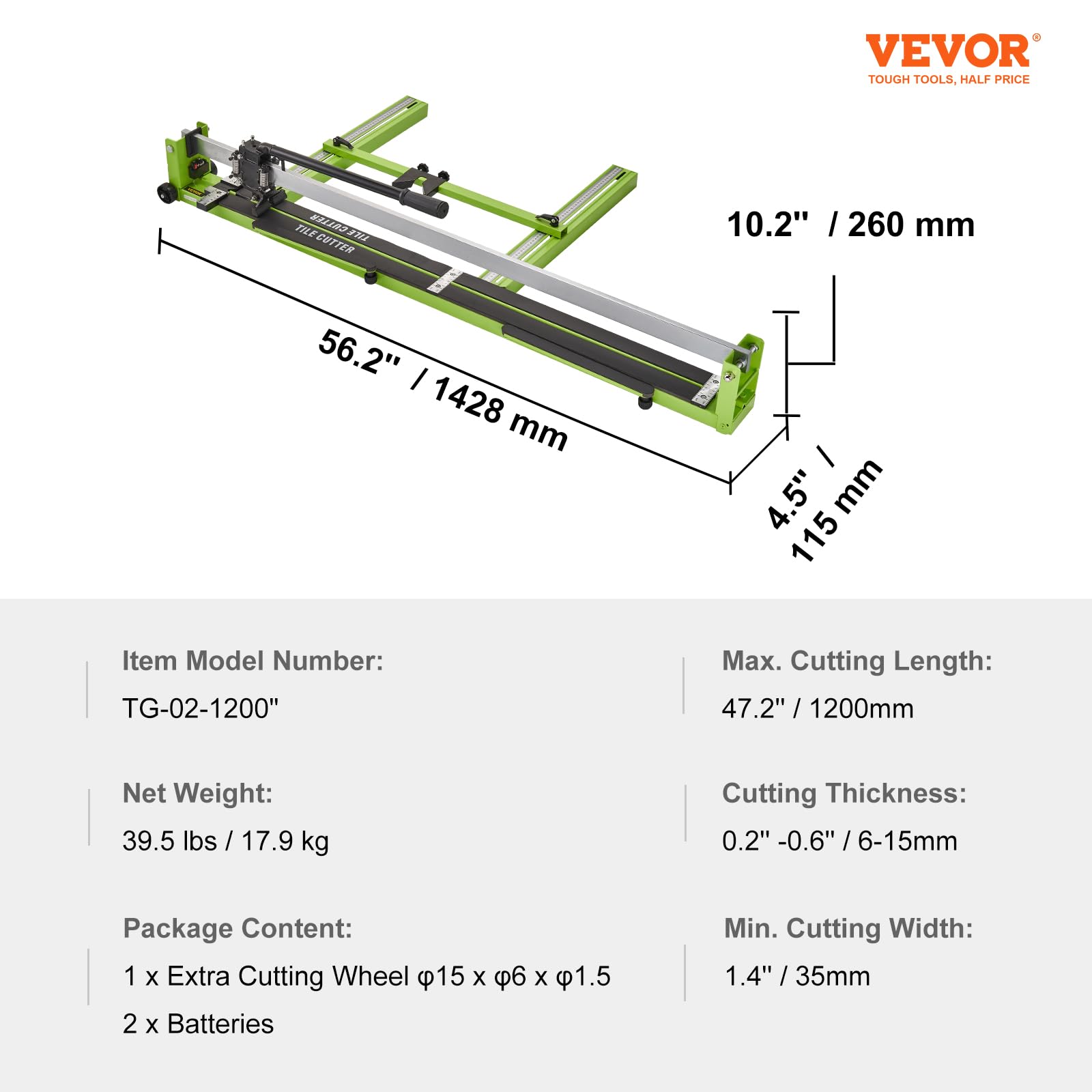 VEVOR Coupe Carrelage Manuel 1200 m, Coupe Carreaux Manuel Grand Format, Épaisseur 6-15 mm pour Céramique, Porcelaine et Carreaux Polis, Guidage Laser, Structure en Acier, Molette Carbure de Tungstène