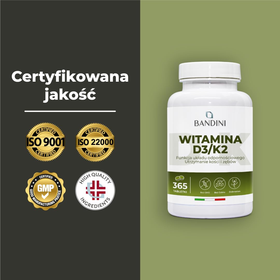 Bandini® Witamina D3 K2 365 Tabletek Witamina D3 (2000 IU) i K2 MK-7 (200 µg) - Wysokie dawki wspierające odporność, kości i mięśnie | Bez GMO i soi | Suplement na 12 miesięcy.