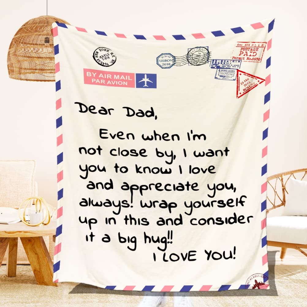 MSLing Letter Fleece Blanket to My Dear Dad Letter Printed, Dad Gifts from Daughter/Son Birthday Gifts for Dad Father's Day Daddy Gifts Presents for Dad Fluffy Blanket Love Dad's Blanket