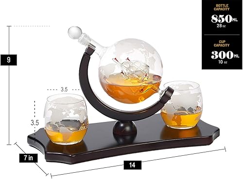 Miniatura 4 de Globe - Juego de decantador de whisky - + 2 vasos de whisky en bandeja clásica de base de caoba de madera rica - Embalaje de regalo - Dispensador de