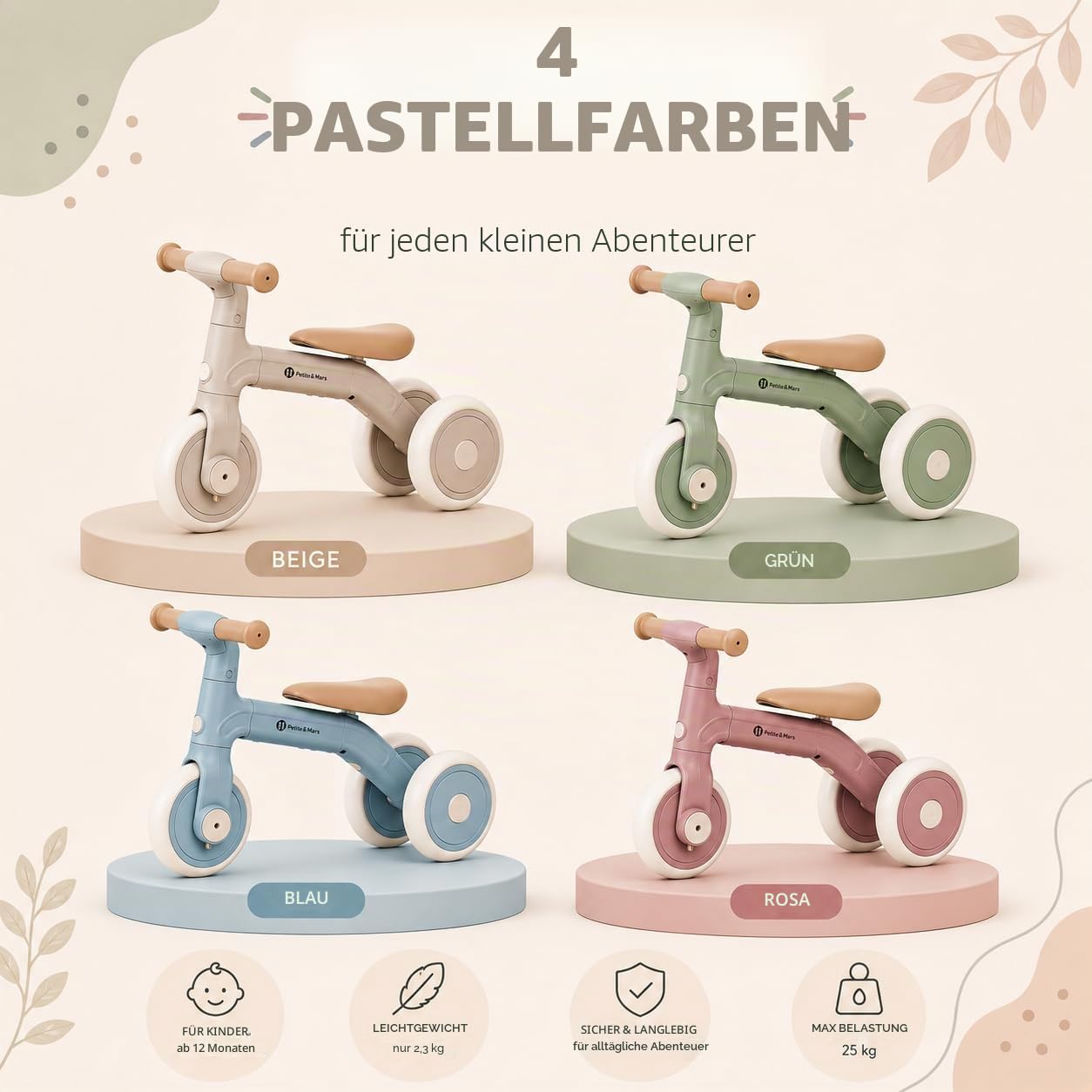 3-in-1 Kinder Laufrad ab 1 Jahr Petite&Mars Bingo – Mit Pedalen, Ultraleicht (2,3 kg), Verstellbar, Fördert Gleichgewicht & Motorik, Erste Fahrrad für Babys 12–36 Monate (Rosa)