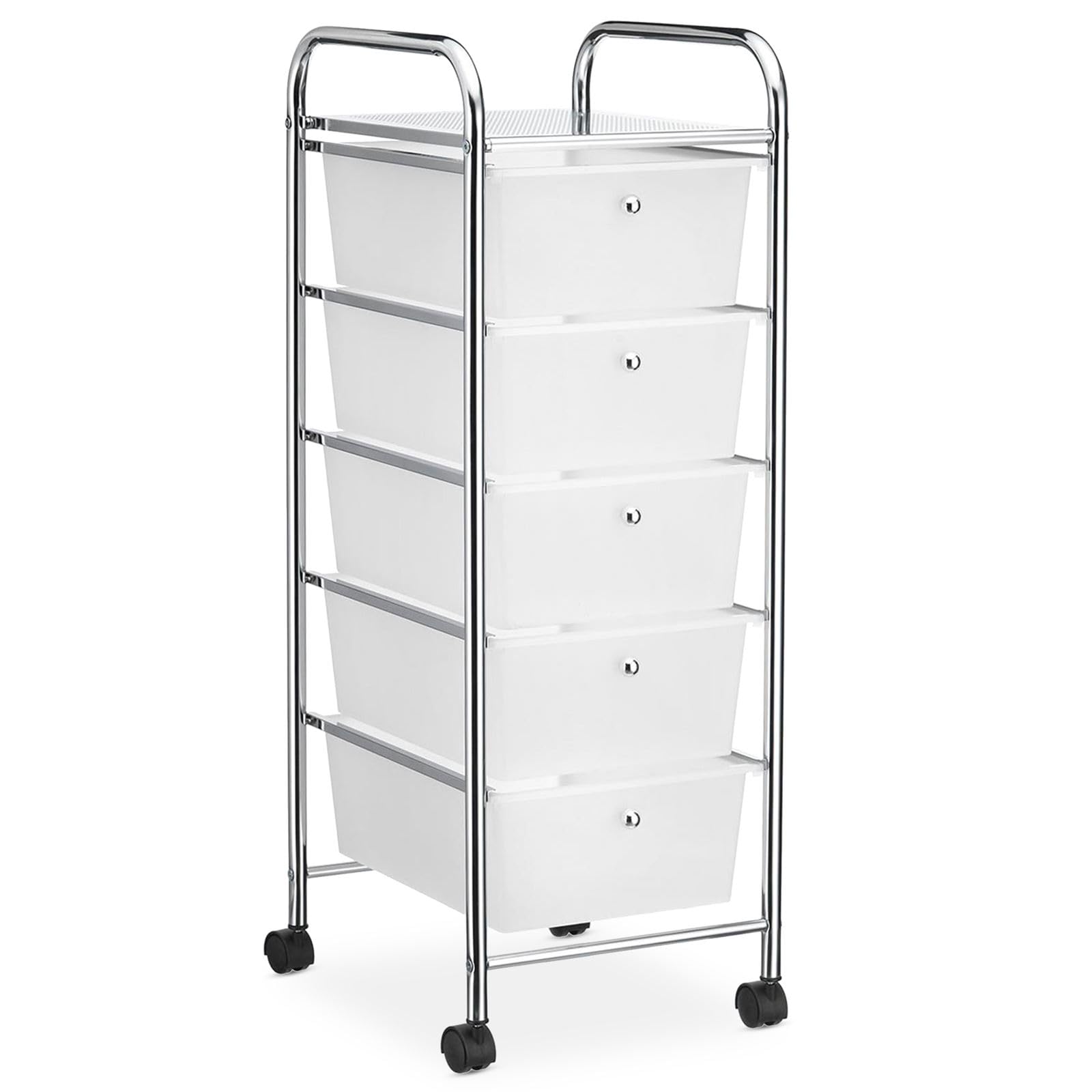 IDIMEX Caisson sur roulettes GINA Chariot avec 5 tiroirs en Plastique Blanc Transparent et 1 étagère, Meuble de Rangement pour Salle de Bain en métal chromé
