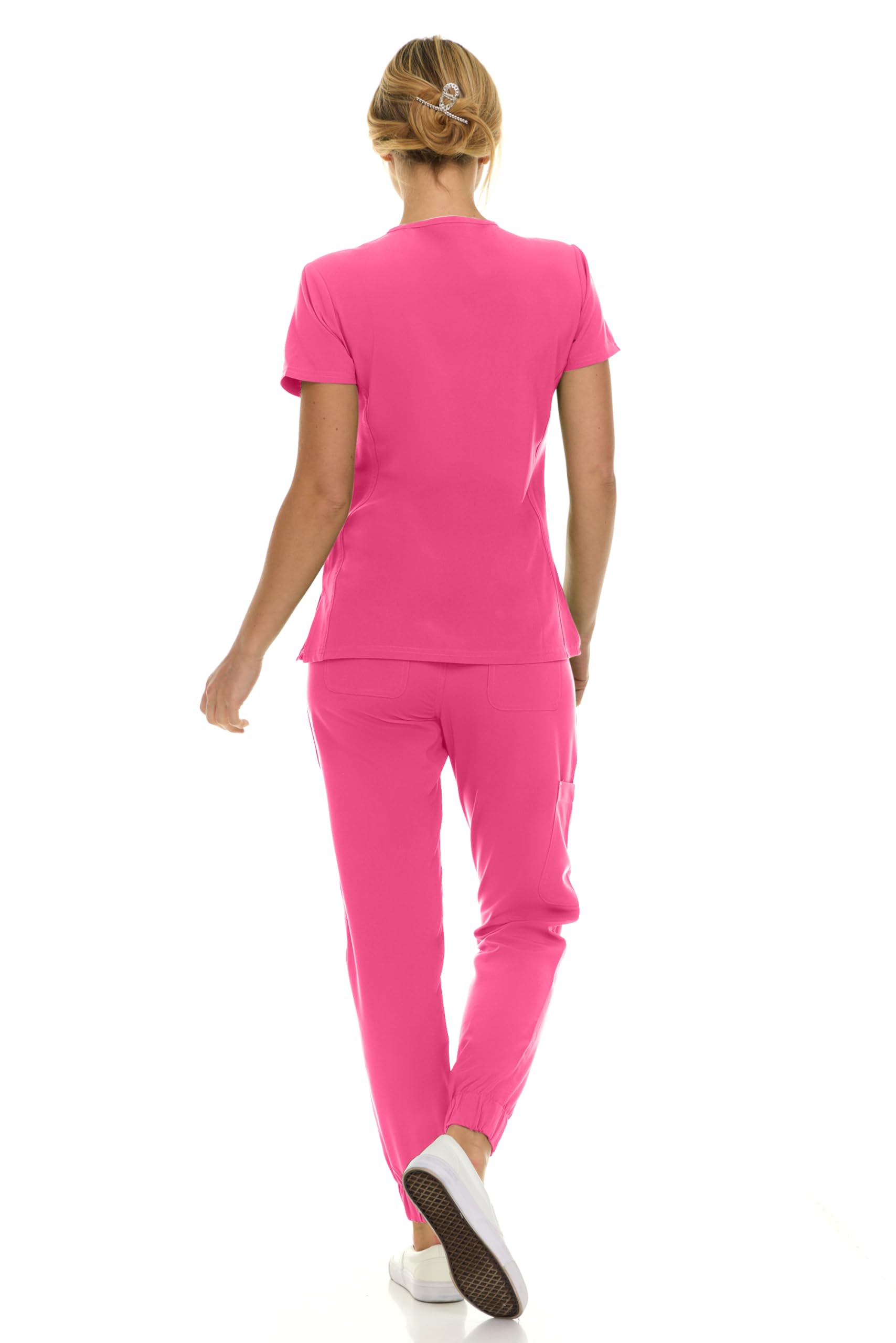 Saint Scrubs Womens 9-Pocket Medical Uniform Set- V-Neck Stretch Top with Seven Pocket Jogger Scrub Pants, Shocking Pink, Small