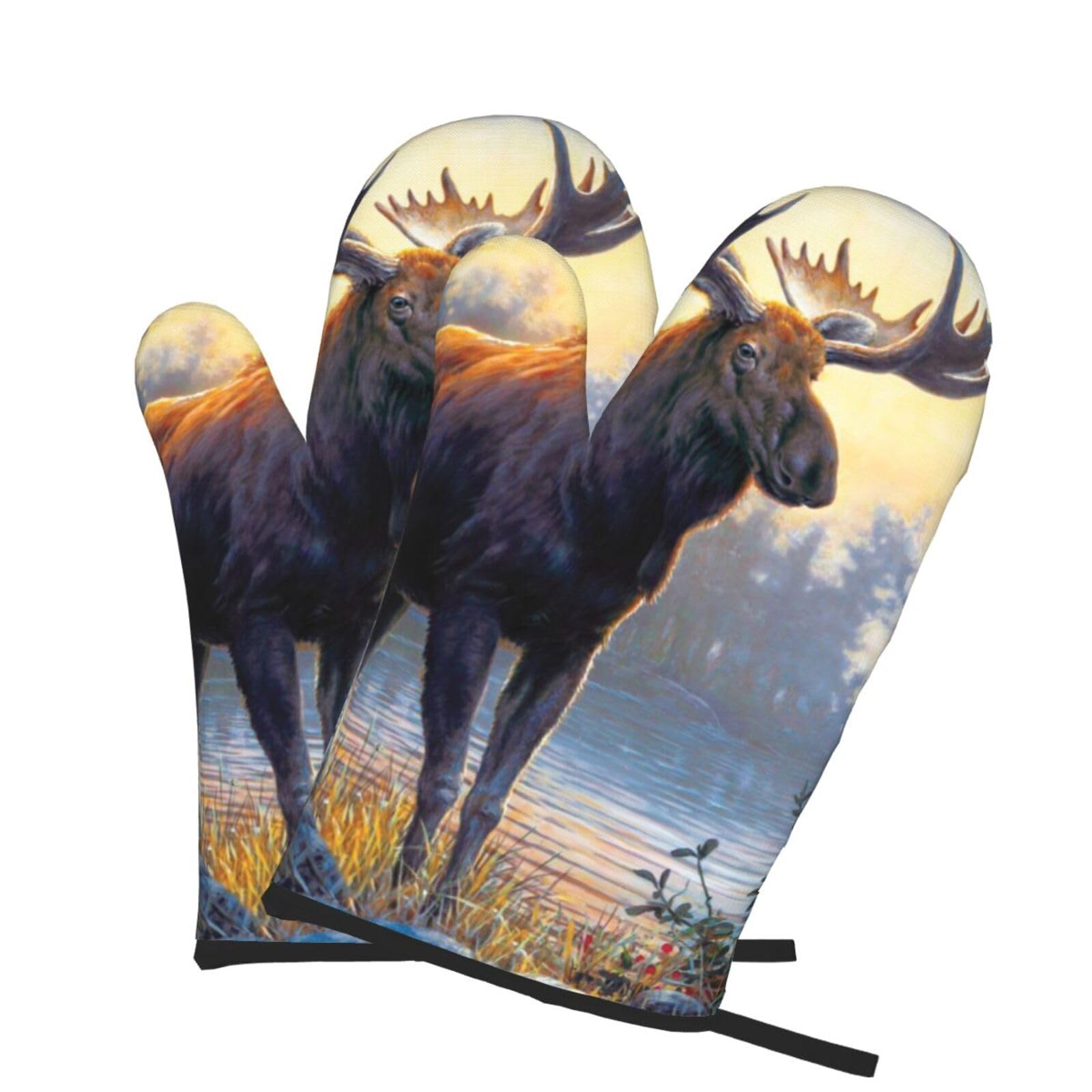 Oven Mitts Set of 2 Pcs, Moose Deer Prints Heat Resistant Kitchen Gloves for Cooking Baking Grilling