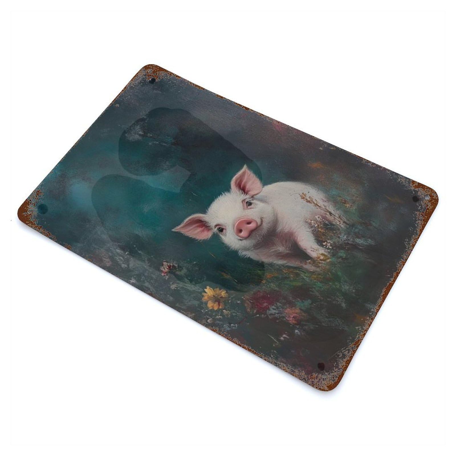 Smiling Piglet in Flowers Vintage Rust Metal Sign 11.8"x7.9", Shabby Chic Decor for Living Room, Hallway And Home Decor