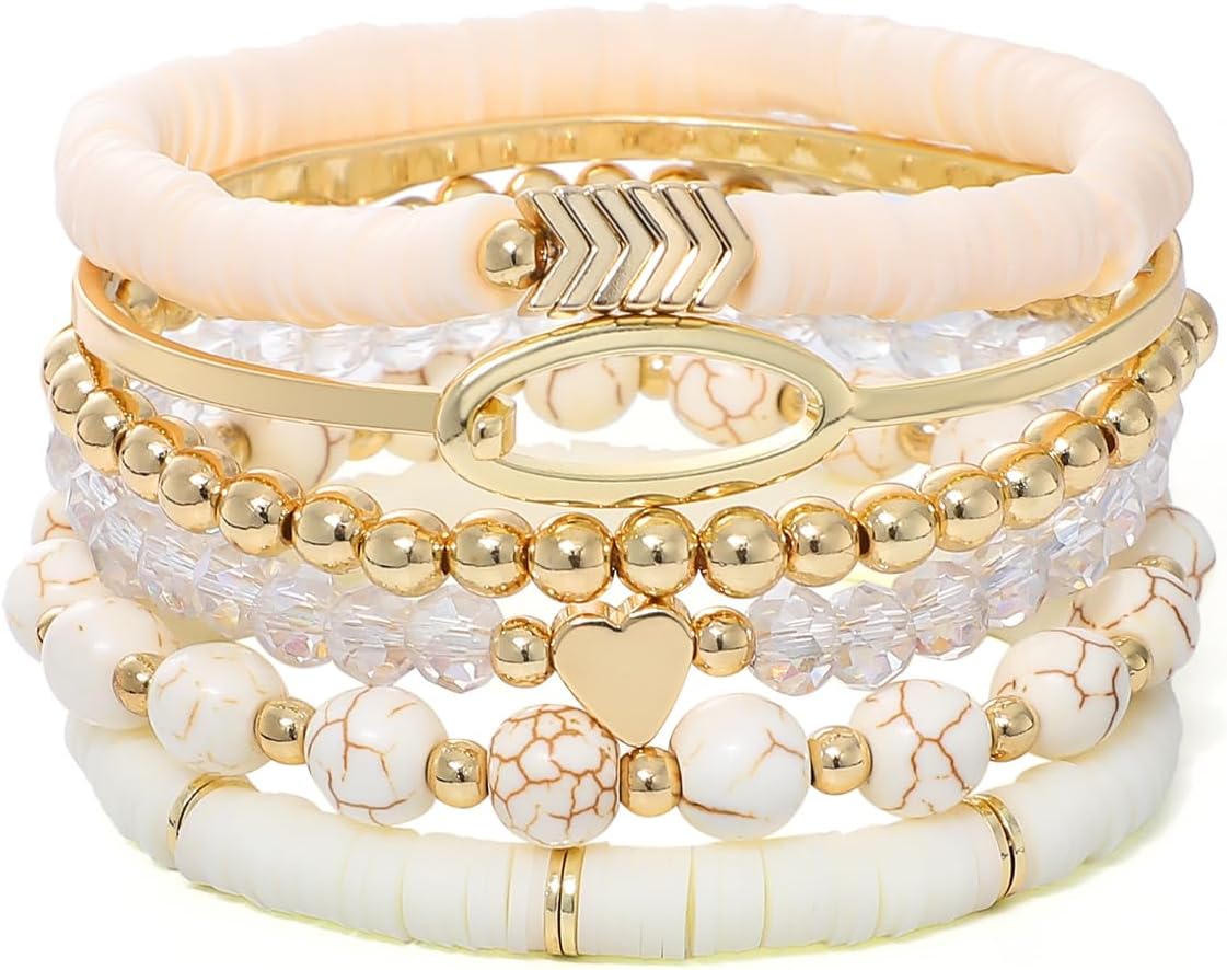 GOOJIDS Surfer Heishi Clay Bead Bracelets for Women Bohemian Stackable Gold Plated Beaded Stretch Bracelets Elastic Layering Friendship Bracelets Set Boho Jewelry