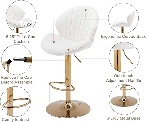 Miniatura 19 de Juego de 2 taburetes de bar giratorios modernos de terciopelo, de altura ajustable, sillas de bar con respaldo de concha, taburetes de isla de Cuero