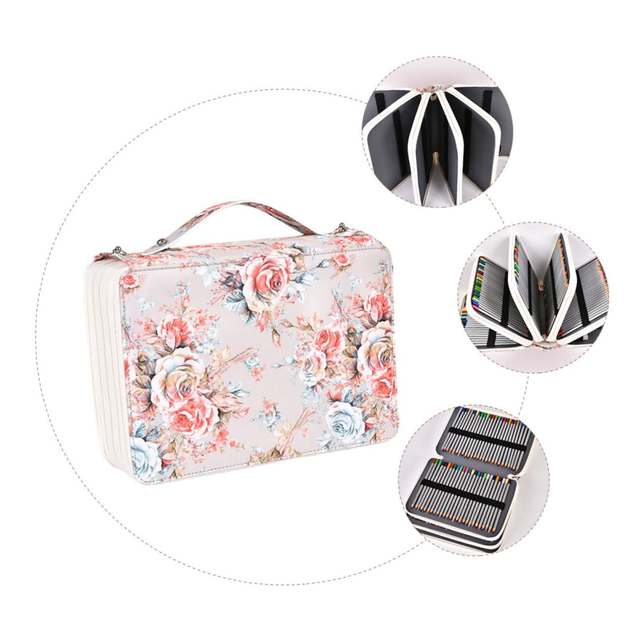 Astuccio Artistico 252 Scomparti Maniglia Beige per Scuola | Chiusura a Cerniera, Elastici Interni, Capienza Grande, per Lavoro All'aperto e Organizzazione Ordinata