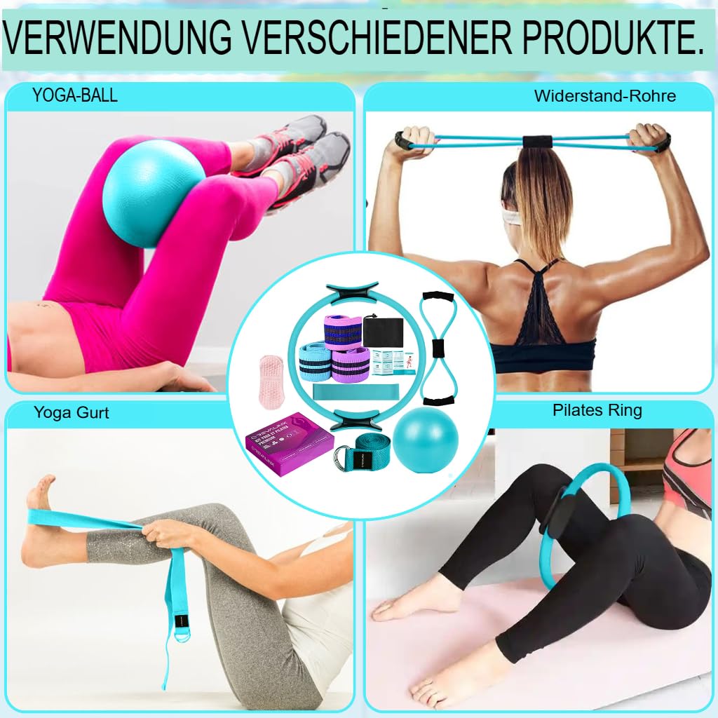 Pilates Set Zuhause 9tlg, Pilates Yoga Set mit Pilatesring Damen, Yogaball, Widerstandsbändern, Gurt, Fitnessband, Rutschfesten Socken, Pilates Zubehör Damen, Pilates Reformer