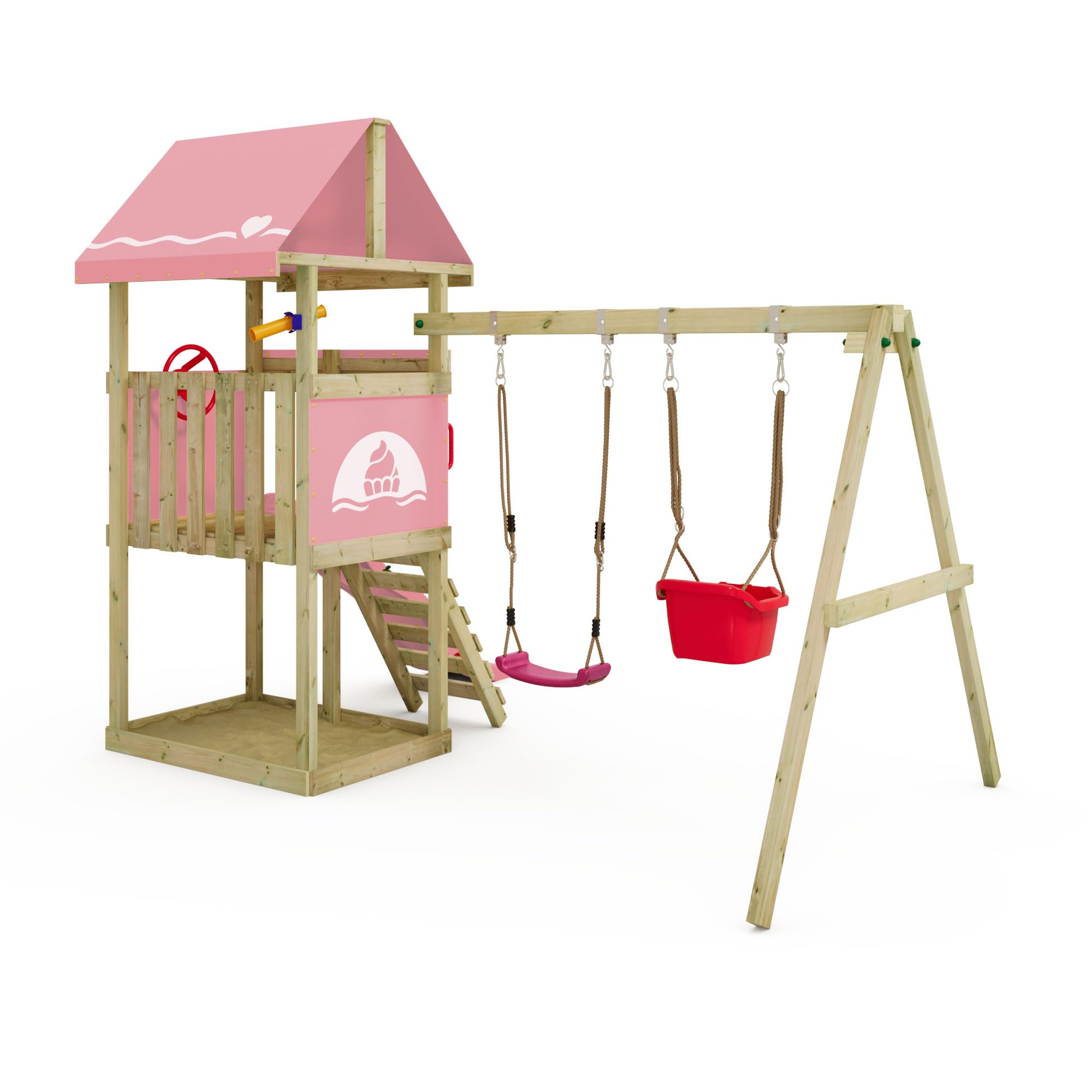 Wickey Parco giochi DinkyHouse con estensione dell'altalena - con scivolo & telone rosa pastello - Torre di arrampicata per bambini per il giardino in legno massiccio - 303x317x247 cm