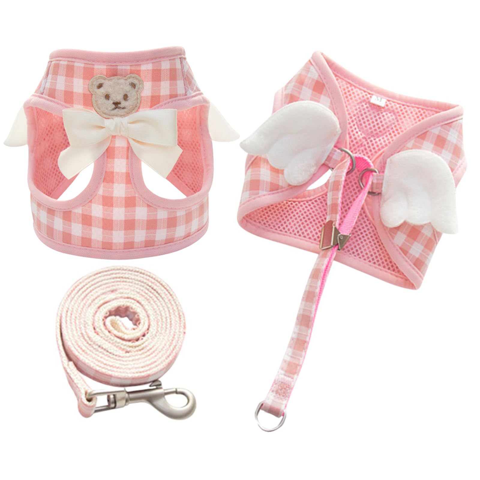 Small Dog Harness Leash Set with Angel Wings,Breathable Adjustable Pet Summer Mesh Plaid Vest Harness with Bow Bear Wings for Cat Puppy Small Dogs_M(Pink Large Grid)
