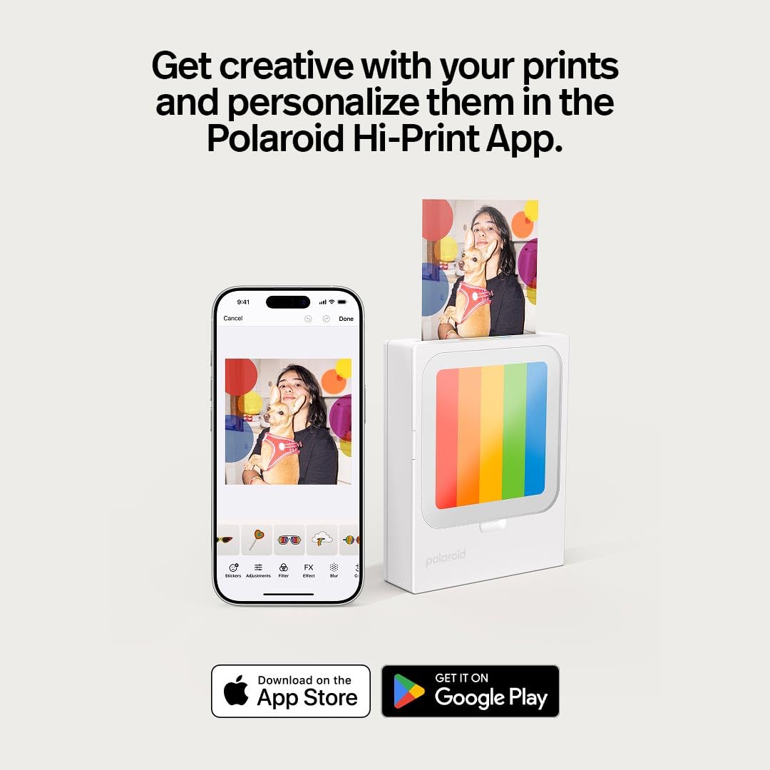 Polaroid – Zestaw Hi-Print 3x3 (7,6 cm x 7,6 cm) kieszonkowa drukarka fotograficzna Bluetooth, biała + 60 arkuszy