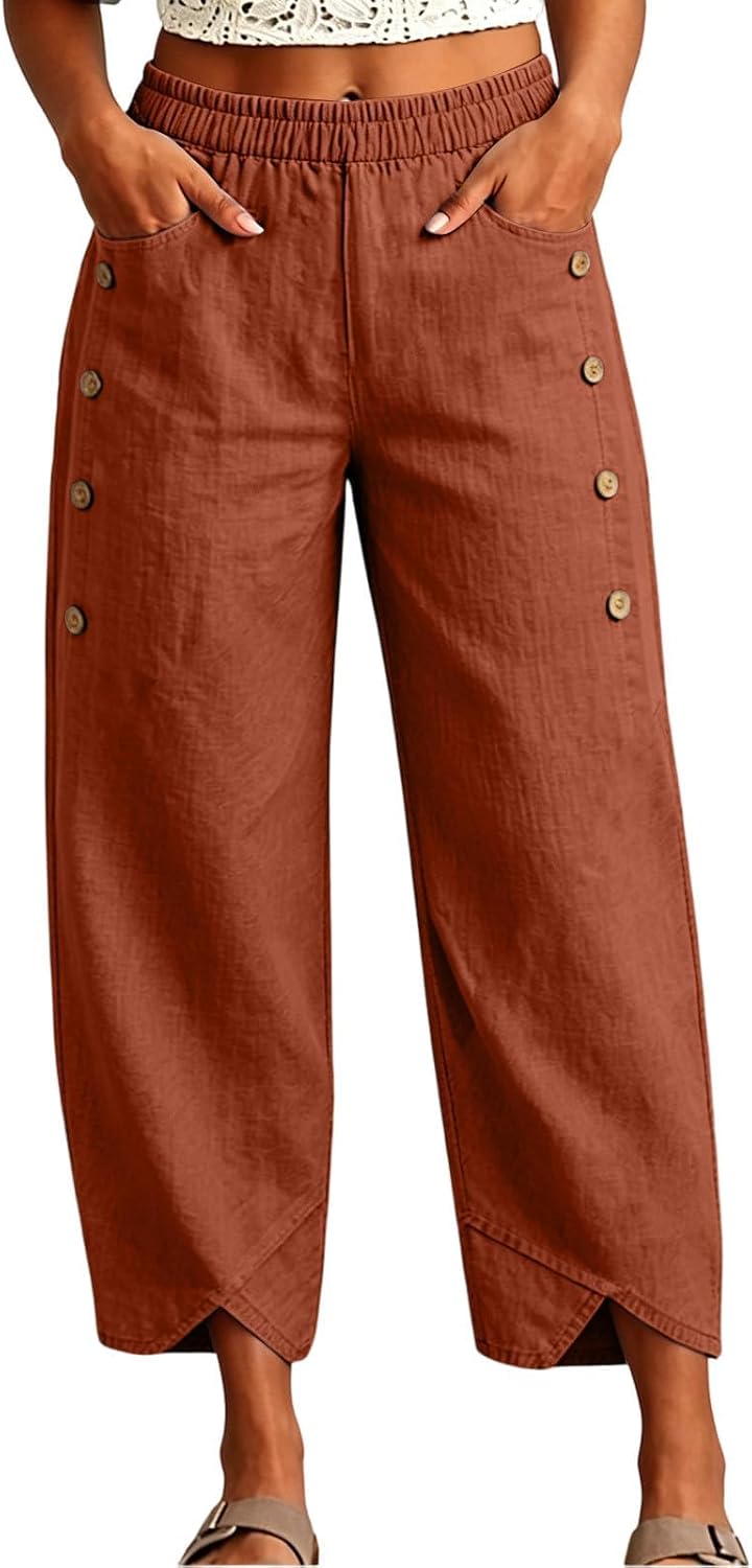 Women Loose Elastic High Waist Pants Side Button Irregular Split Hem Linen Trousers Wide Leg Pants Pockets