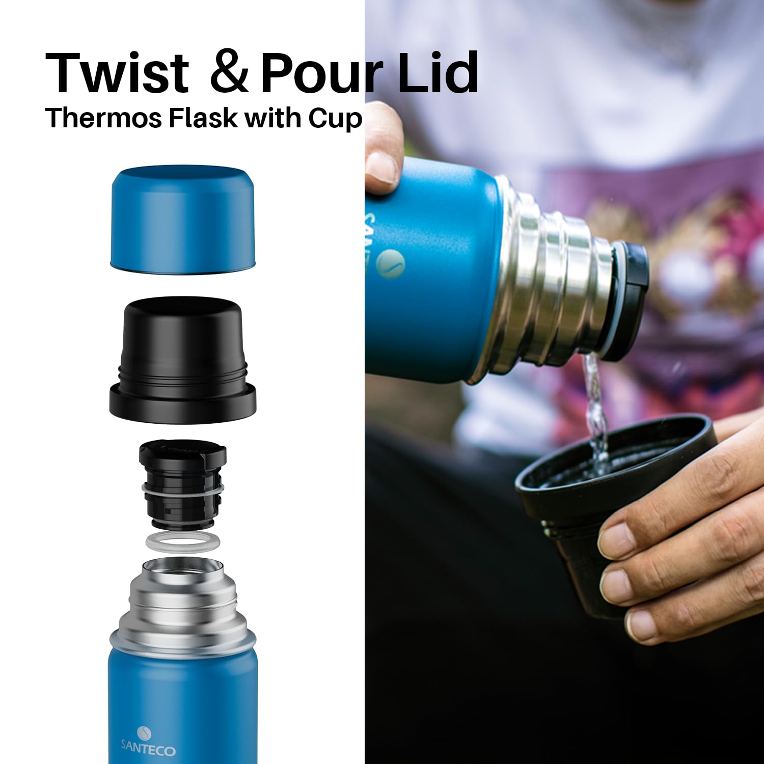 SANTECO Borraccia Termica, Termos Caffè in Acciaio Inox Doppia Mantiene le bevande fredde per 24 ore e calde per 12 ore, Bottiglia thermos a prova di perdite, senza BPA(Blu, 1000ML)