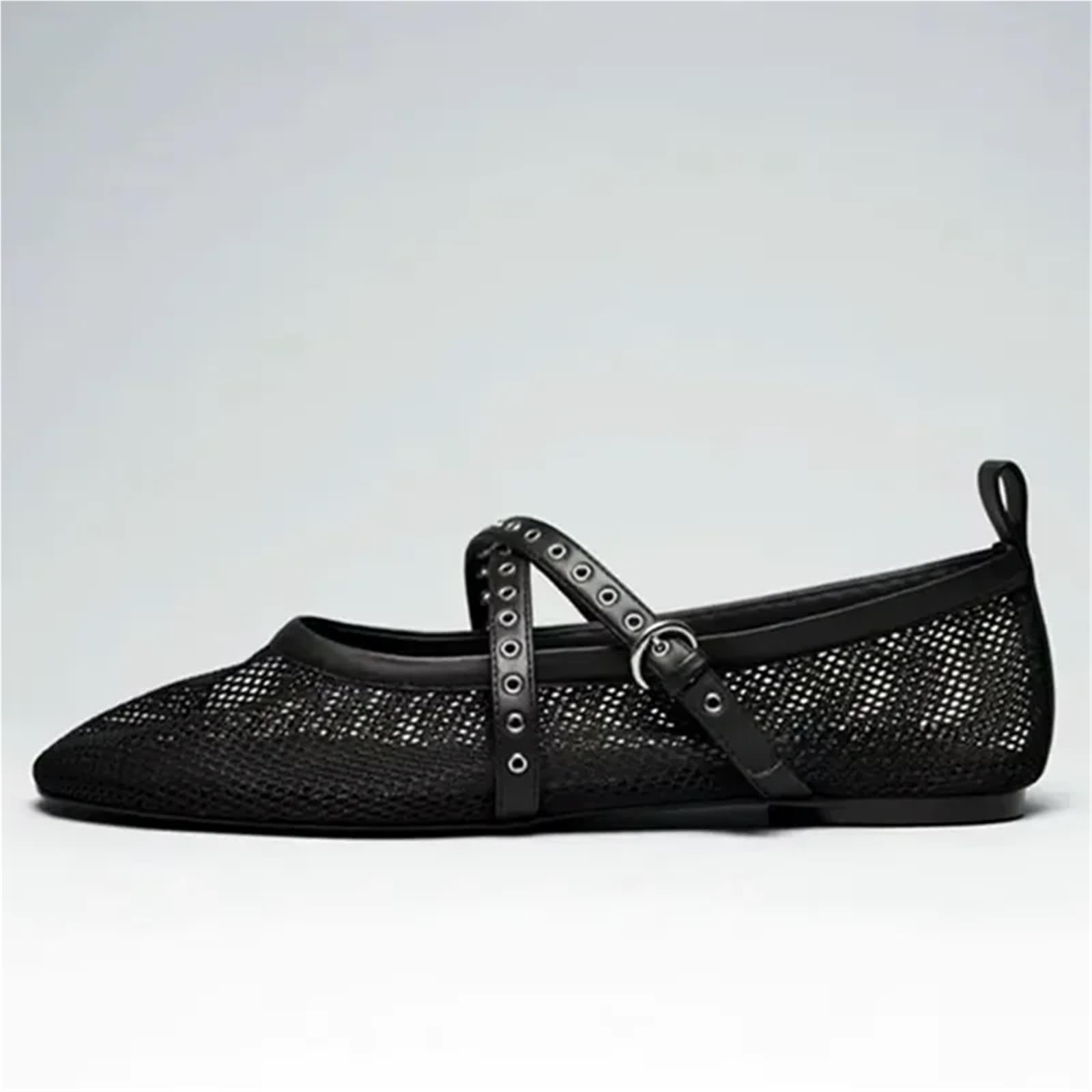 Mesh-Ballerinas Damenmode Leder Schnalle Riemen Hohl Sommer Leicht Komfort Strand Sandalen Für Damen