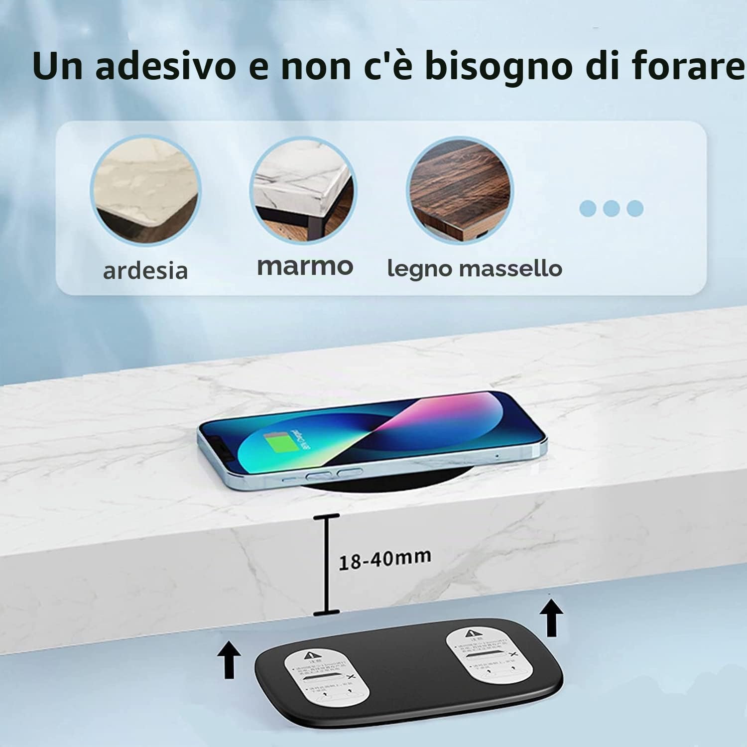 Caricatore Wireless Invisibile, 18-40 Mm sotto Tavolo Qi Caricatore 10w Ricarica Wireless per Tutti I Dispositivi Standard Qi per Barra di Spessore/tavolino/banco di caffè Attesa