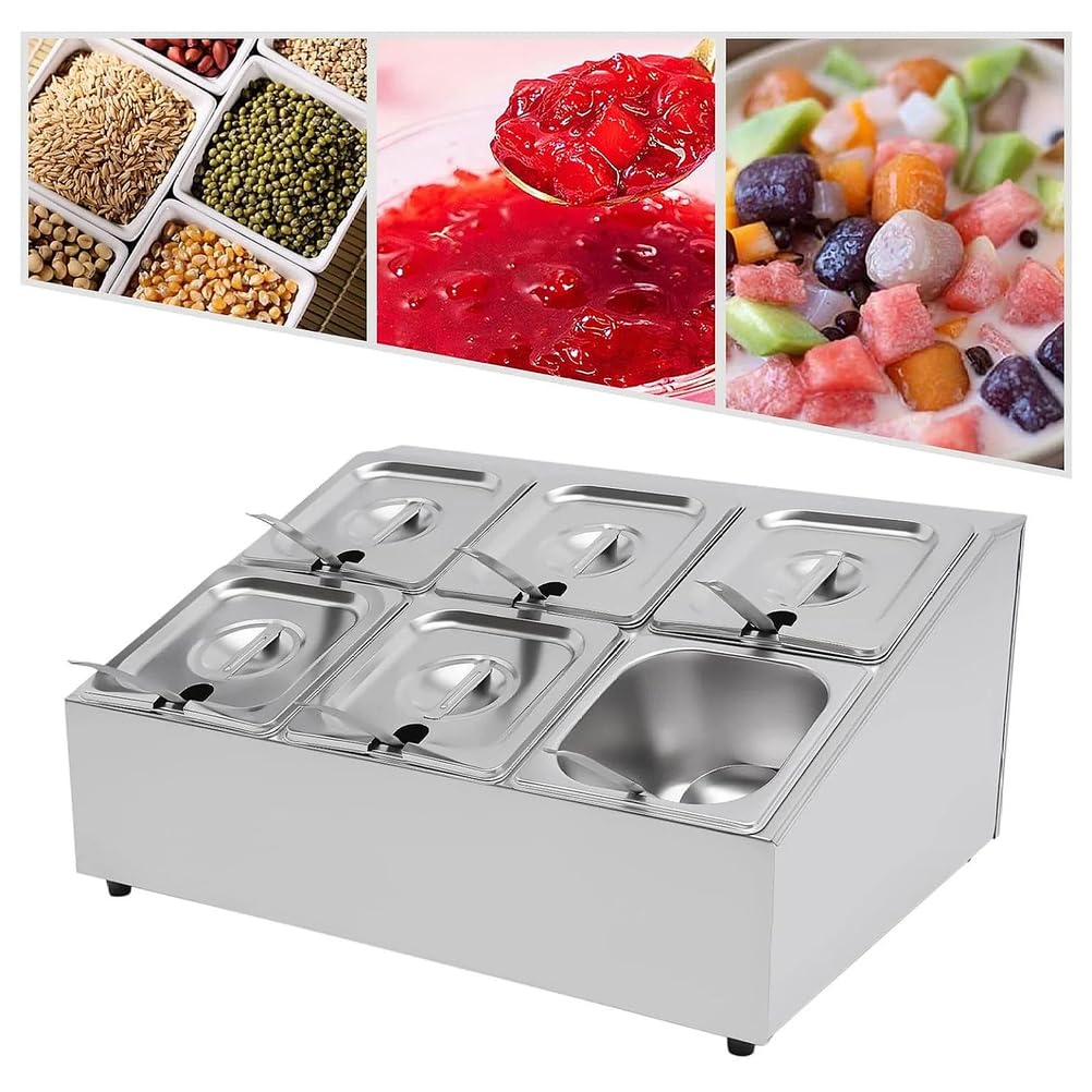 Juego de especias de acero inoxidable con estante organizador inclinado, incluye 6 sartenes y 6 cucharones para salsas, ingredientes, frutas y aderezos