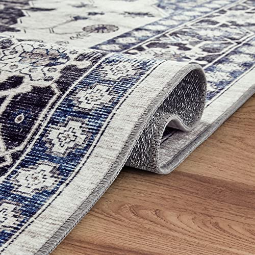 Area Rug Living Room Rugs: 9X12 Large Machine Washable Boho Carpet Vintage Medallion Floral Indoor Non Slip Decor Carpets For Under Dining Table Bedroom Farmhouse Nursery Home Office Blue #TOP6
