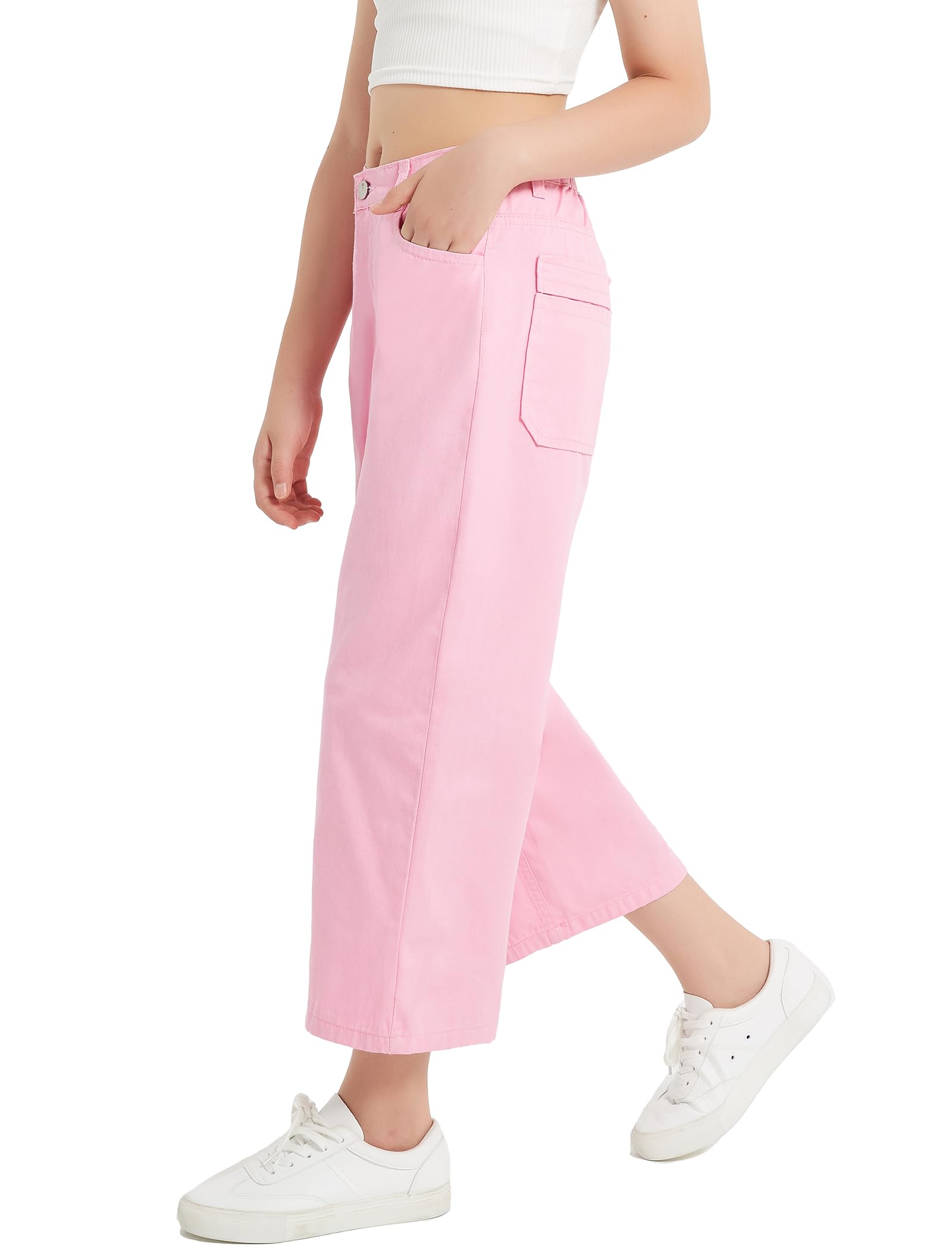 EXARUS Jeans holgados de pierna ancha para niñas, pantalones de mezclilla para adolescentes, cintura media, banda elástica con bolsillos, ropa casual