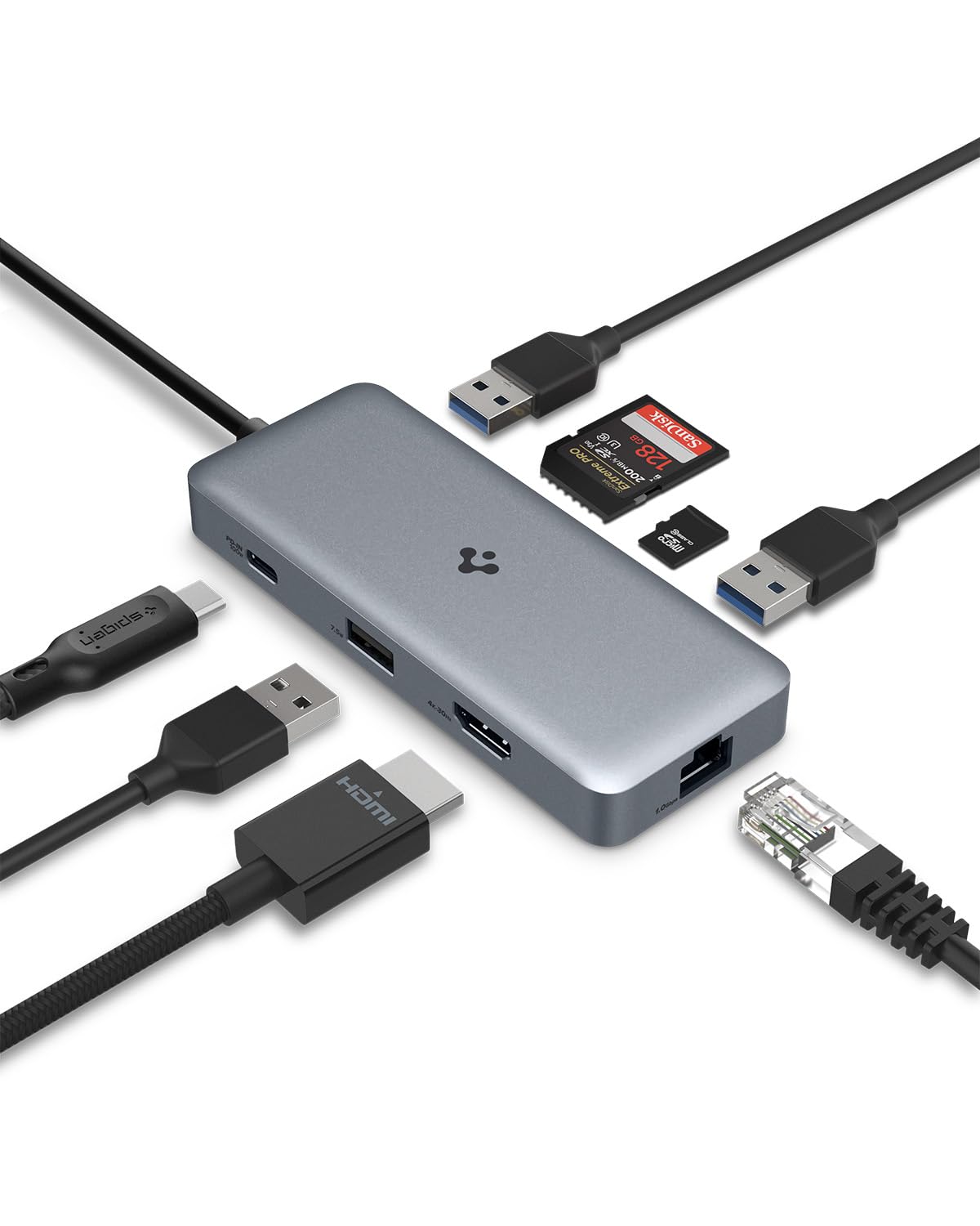Spigen 8-in-1 Type-C Hub with Multi Port (100W PD 3.0 4K 30Hz HDMI Port 5Gbps USB-C, 2 x USB-A Data Port, Ethernet Port, microSD/SD Card Reader for MacBook Pro/Air M1 M2 PlayStation)- Dark Silver-image-15