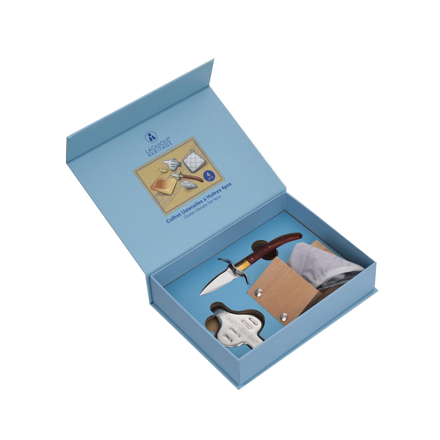 Coffret complet Set à huîtres - 4 Accessoires - Couteau à huîtres, Presse-citron, Bloc huîtres, Manique - Acier inoxydable, bois de palissandre - Coffret cadeau