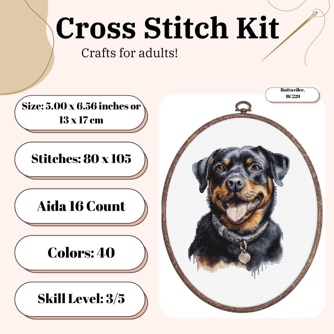 Luca-S Cross Stitch Kit with Hoop Included Rottweiler, BC229, Counted Cross Stitch Kit for Adults Needlecraft and Embroidery Kit - Image 2