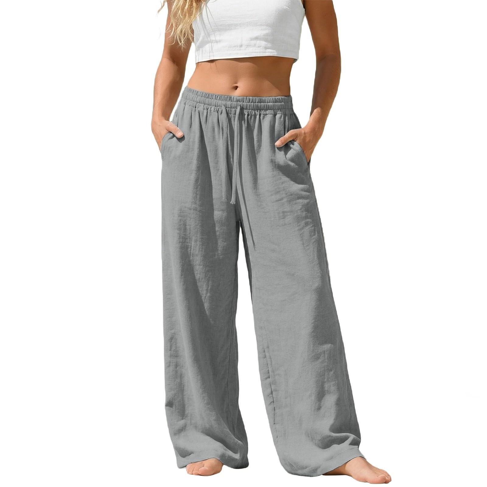 Mobanna Sommerhose Damen Leicht, Leinenhose Damen - Leichte Sommerhosen Lang Sommer Palazzo Weite Bein Hosen Stoffhose Große Größen Weites Pants Einfarbig Baumwolle Leinen Strandhose Mit Taschen