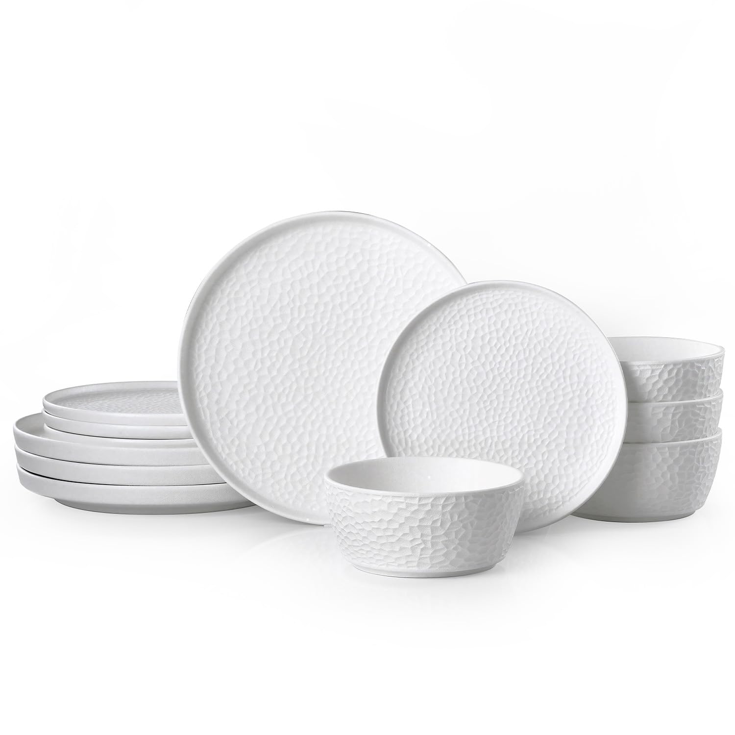 KINGSTONE 12-Piece Hammered Ceramic Dinnerware Sets, White